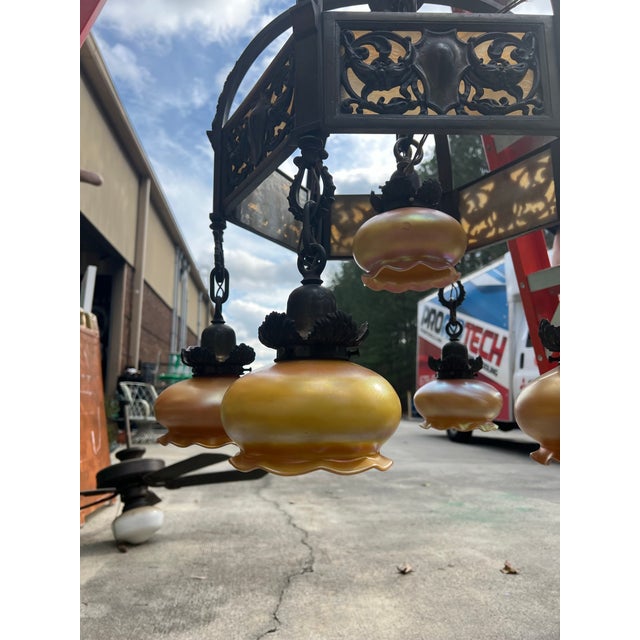 Black Vintage Heavy Brass Detailed Chandelier With Stained Glass Accents For Sale - Image 8 of 12