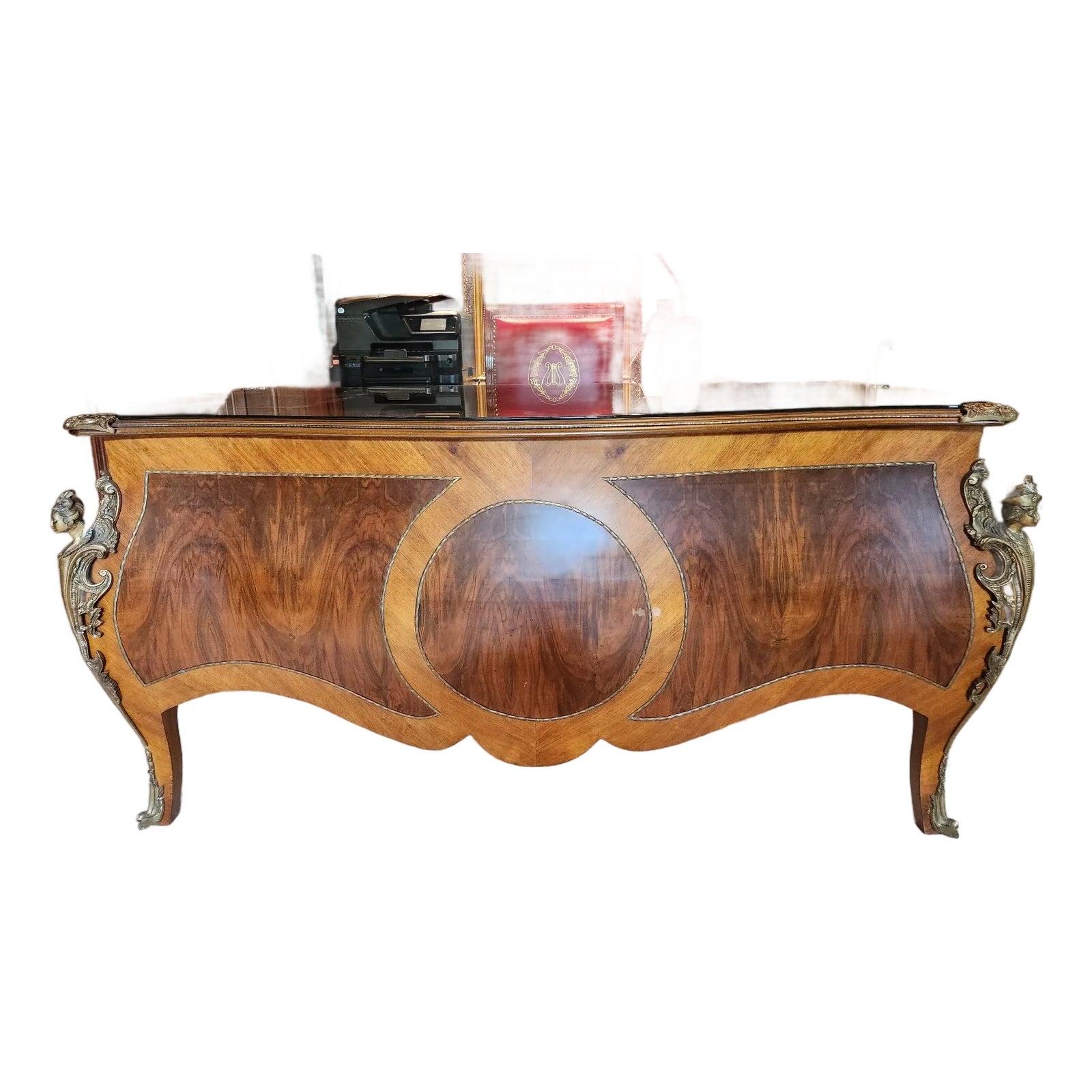 French Louis XV Rococo Bombe Inlay Burlwood Parquetry Office Desk ...