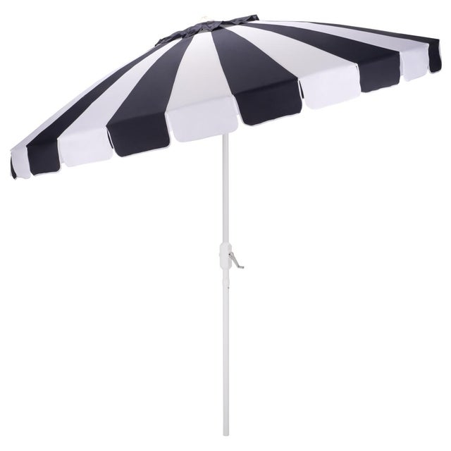 Metal Buti 9 Ft Crank Umbrella, Navy Cabana Stripe/White Pole For Sale - Image 7 of 8