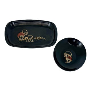 Classic Vintage Mid-Century Modern Couroc of Monterey, California ‘Botanical Mushroom Duo’ Set (Tray & Bowl) Hand Inlaid in Wood & Brass For Sale