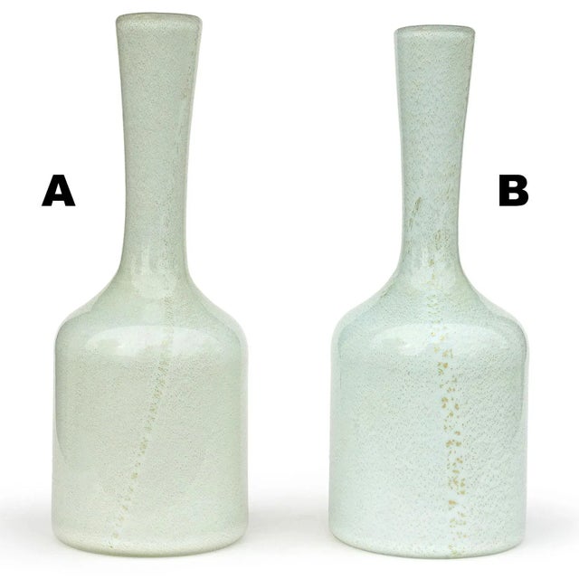 Vintage Murano Light Blue and Green Over White Gold Flecks Italian Art Glass Flower Vases - A Pair For Sale In Orlando - Image 6 of 6