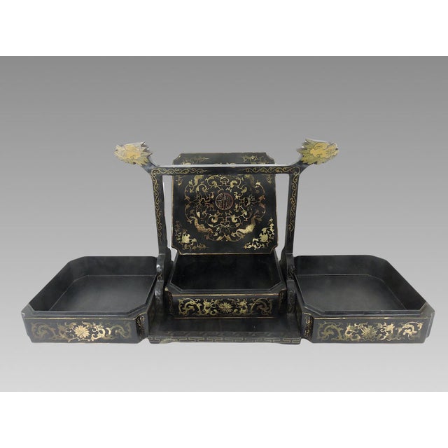 Black Old Chinese Black Lacquer With Gold 'Dragons and Bats' Wedding Chest or Tiered Long Life Storage Box For Sale - Image 8 of 12