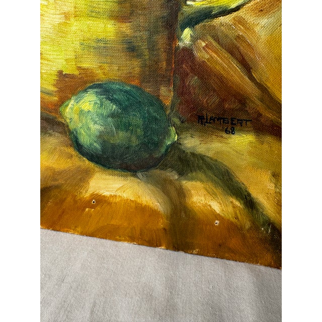 Yellow Vintage Mid Century Traditional Expressionist Still Life Original Oil Painting on Board, Yellow, Green & Goldenrod For Sale - Image 8 of 12