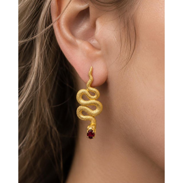 Modern Massive Snake Earrings With Garnets in Opened Mouth, Pair For Sale - Image 3 of 7