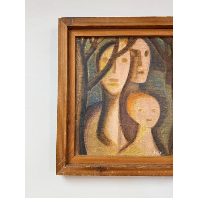 Brutalist Figurative Oil Painting Signed Simon 1970 Postmodern Figures Art For Sale - Image 4 of 9