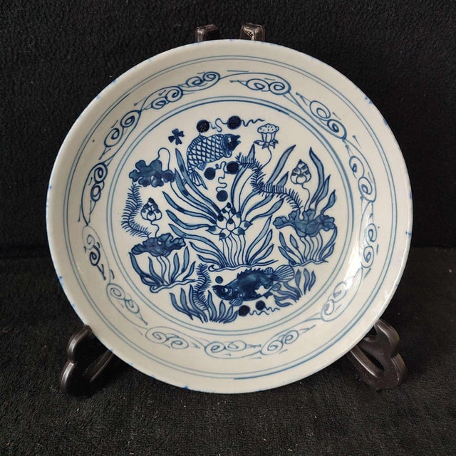 Art Deco Chinese Ceramic Plate,Qianlong Marked Blue and White Porcelain Plate Hand Painted Fish Pattern For Sale - Image 3 of 10