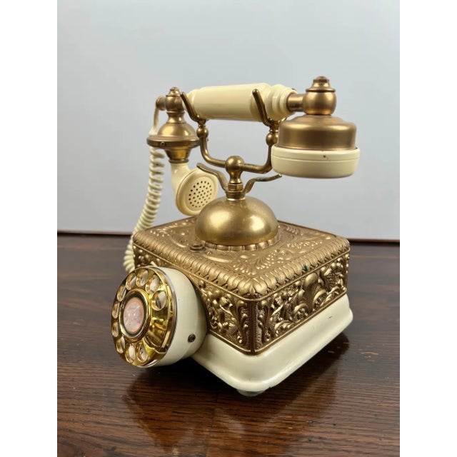 French Vintage French Style Brass Rotary Telephone With Ornate Repoussé Cream Enamel Base For Sale - Image 3 of 16