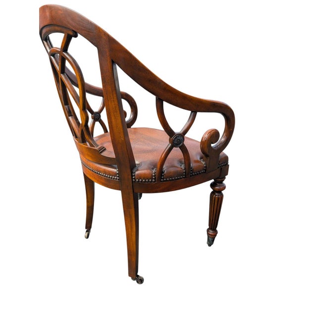 Late 20th Century Pair of Traditional Walnut Leather Upholstered Armchairs With Cabriole Scroll Arms For Sale In Los Angeles - Image 6 of 10