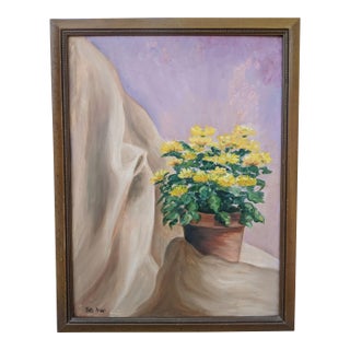 1960s Original Still Life Yellow Mum Flowers Painting Signed For Sale