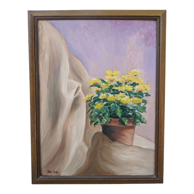 1960s Original Still Life Yellow Mum Flowers Painting Signed For Sale