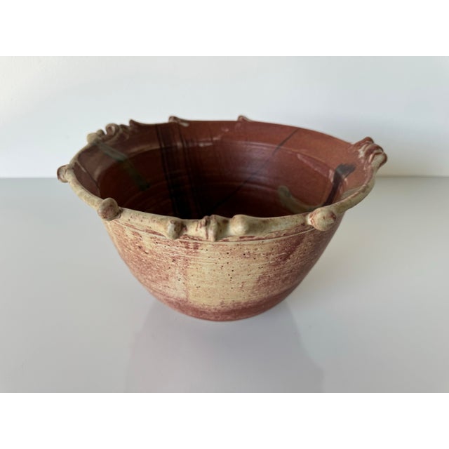 1980s 80's Vintage M. Polenberg Art Pottery Bowl With Sculpted Rim and Abstract Design Interior For Sale - Image 5 of 12