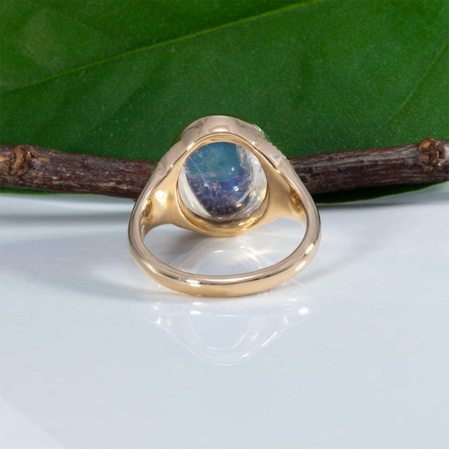 Gold 5.8Ct Rainbow Moonstone Cabochon Ring With Earth-Mined Diamonds: Solid 14k Gold, Size 6.75 For Sale - Image 8 of 9