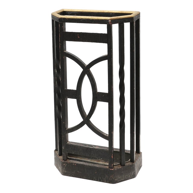 Art Deco Metal Umbrella Stand with Geometric Openwork and Brass Rim, Belgium, 1920s For Sale