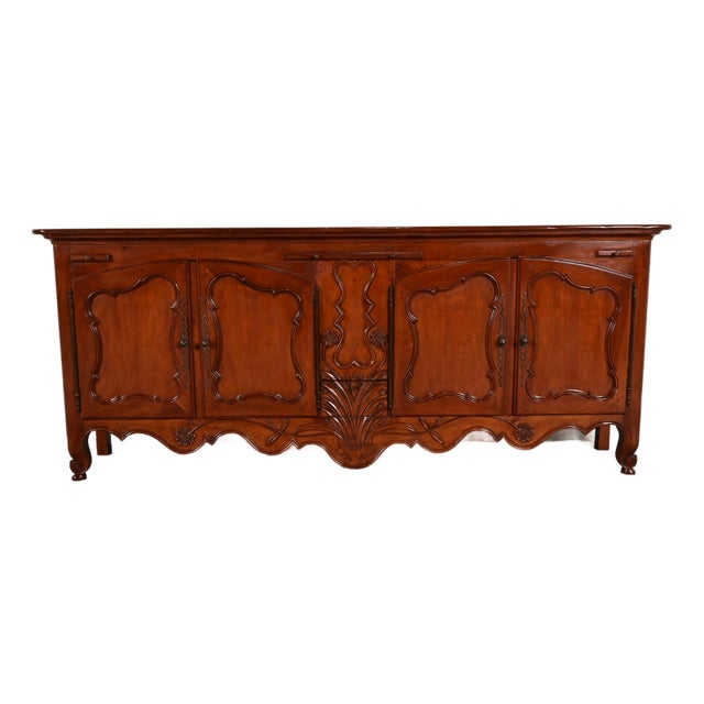 Baker Furniture French Provincial Louis XV Carved Cherry Wood Sideboard Credenza or Bar Cabinet For Sale