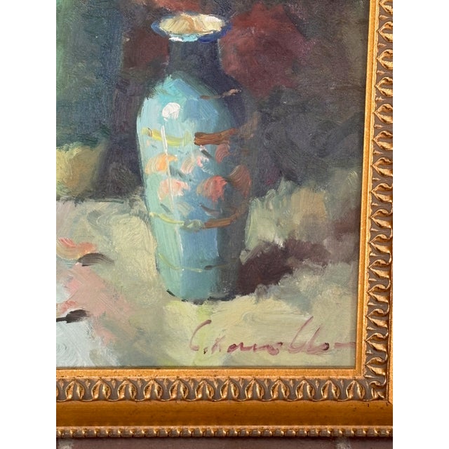 Traditional Oil on Canvas, Roses and a Chocolate Pot, Signed, 1960s For Sale - Image 3 of 5