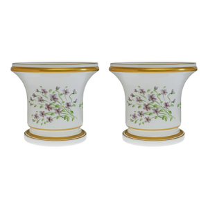 Pair of Antique French Opaline Glass Cachepots Hand Painted Violets & Gilt Banding