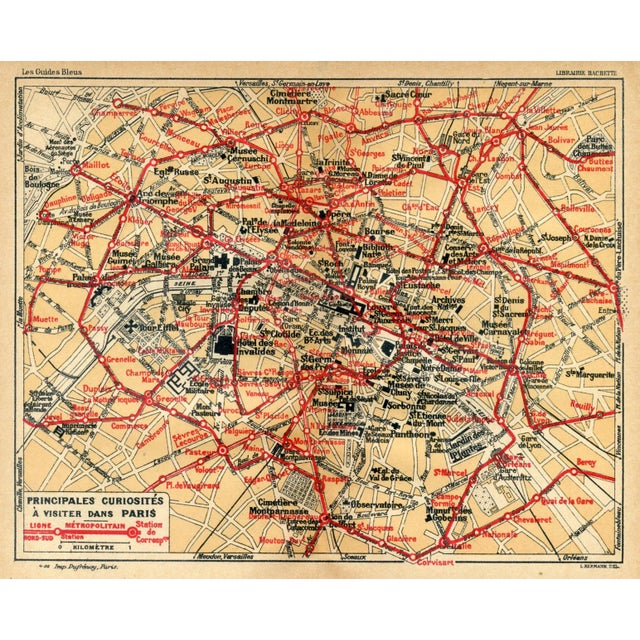 Original map from an early 1900s tourist guide to Paris. Highly detailed showing streets in the central district of Paris....