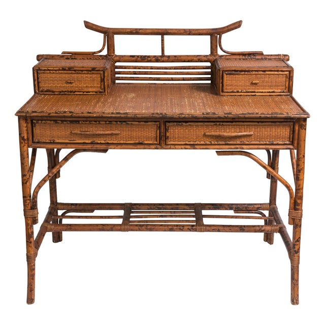 English Pagoda Writing Desk British Colonial Style Rattan & Grasscloth For Sale - Image 3 of 10