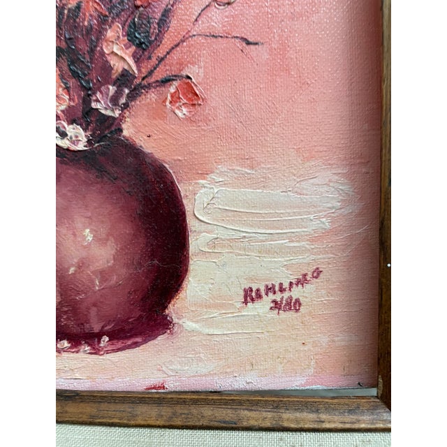 1980s Pink Bouquet of Flowers in Vase Still Life Oil Painting Framed For Sale In Columbia, SC - Image 6 of 8