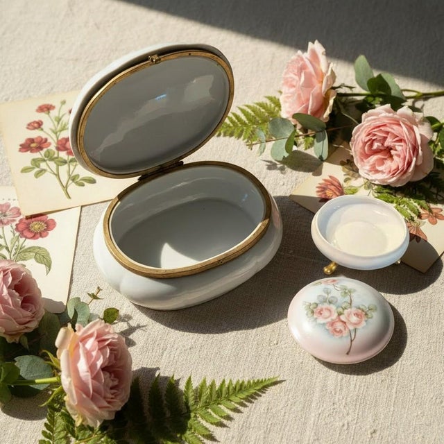 Vintage Hand Painted Porcelain Vanity Set-Tray-Perfume Bottles-Casket-Jar-Signed For Sale - Image 6 of 11