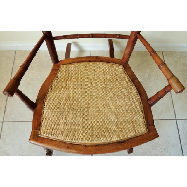 Antique Early 20th Century Rj Horner Faux Bamboo Wood Wicker Seat Child's Rocking Chair For Sale - Image 4 of 11