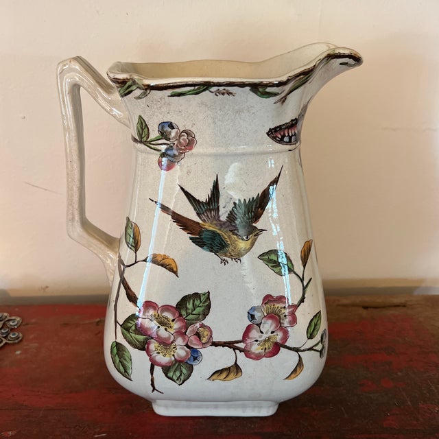 Large Antique Victorian Plum Blossoms Spring Patterned Pitcher, Ewer For Sale - Image 4 of 12