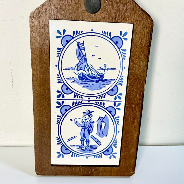 Wood Mid 20th Century Gustavian Boho Chic Delft Style Tile & Wood Trivet. For Sale - Image 7 of 11