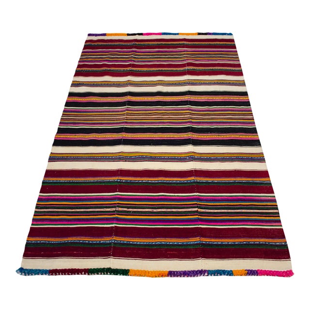 1960s Hand Woven Colorful Kilim Striped Rug - 4′ × 6′8″ For Sale