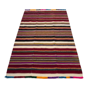 1960s Hand Woven Colorful Kilim Striped Rug - 4′ × 6′8″