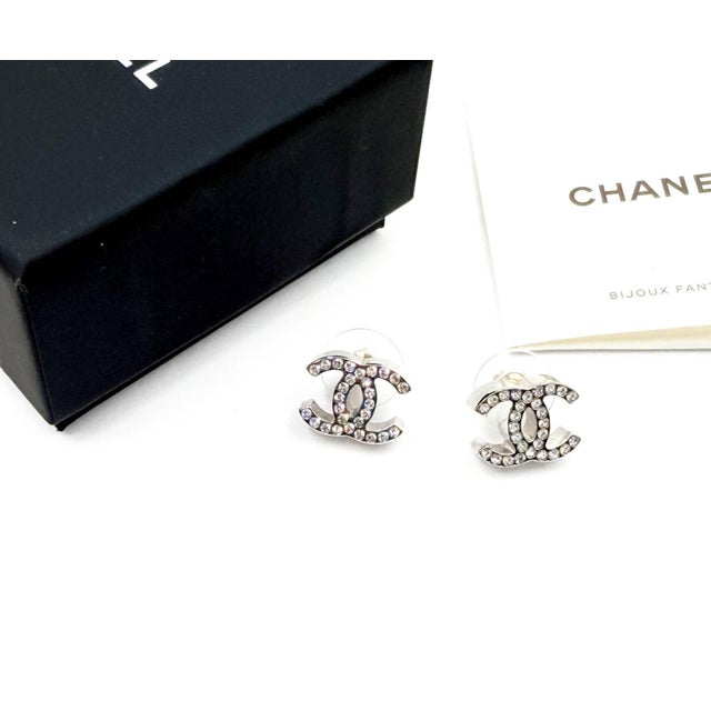 Contemporary Chanel Brand New Silver Classic CC Crystal Piercing Earrings, Pair For Sale - Image 3 of 5