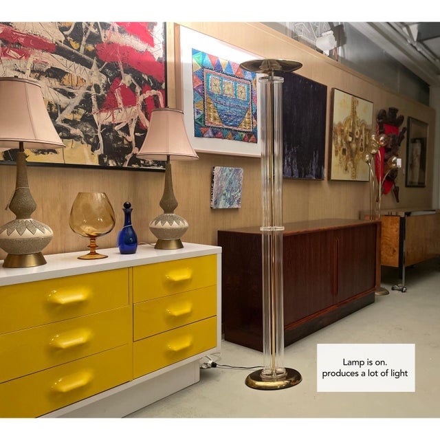 1980s Art Deco Inspired Clear Acrylic Lucite and Gold Brass Torchiere Floor Lamp For Sale - Image 5 of 12