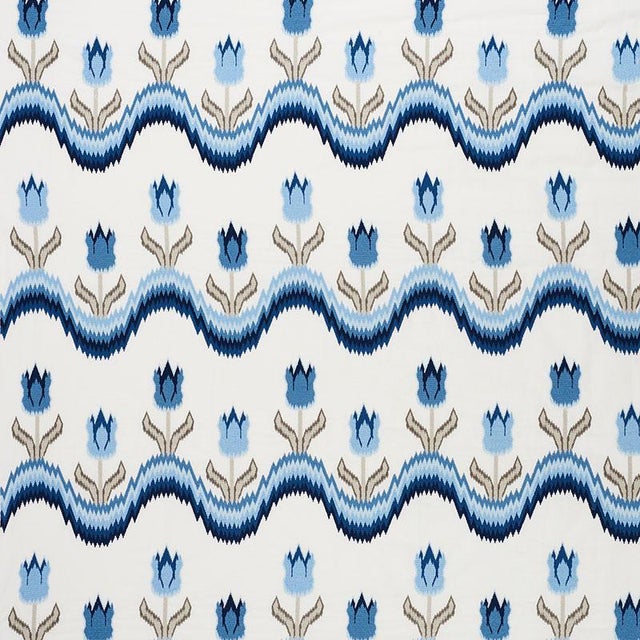 Sample - Schumacher Tulip Flamestitch Embroidery Fabric in Blue For Sale