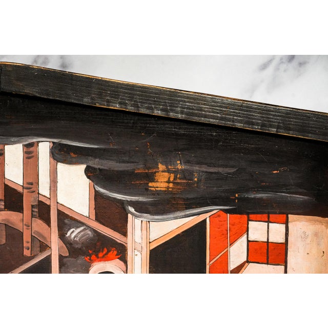 Incredible Antique Japanese Hand Painted Tsuitate Wood Table Screen Traditional Sake Brewery Scene Japan Asian Home Decor For Sale - Image 10 of 16