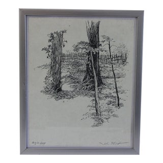 2007 "Hudson Valley Farm Trees" Pen and Ink Landscape Drawing by John Elliot, Framed For Sale