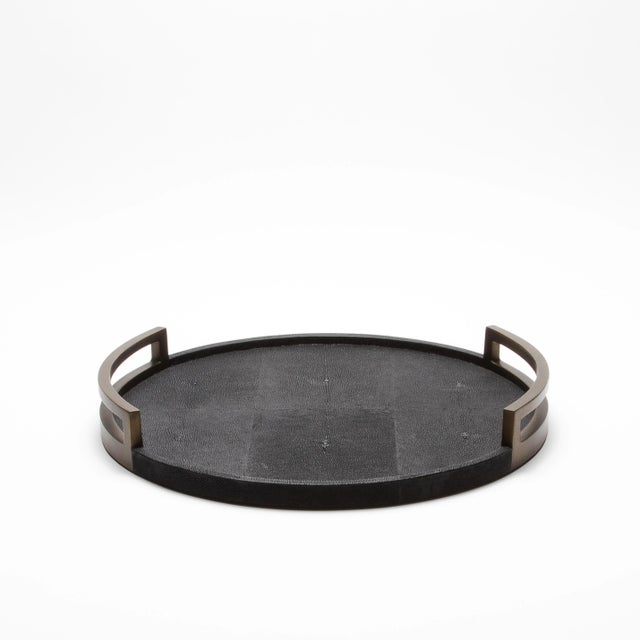 R & Y Augousti Round Tray in Black Shagreen With Bronze Patina Brass by R&y Augousti For Sale - Image 4 of 11