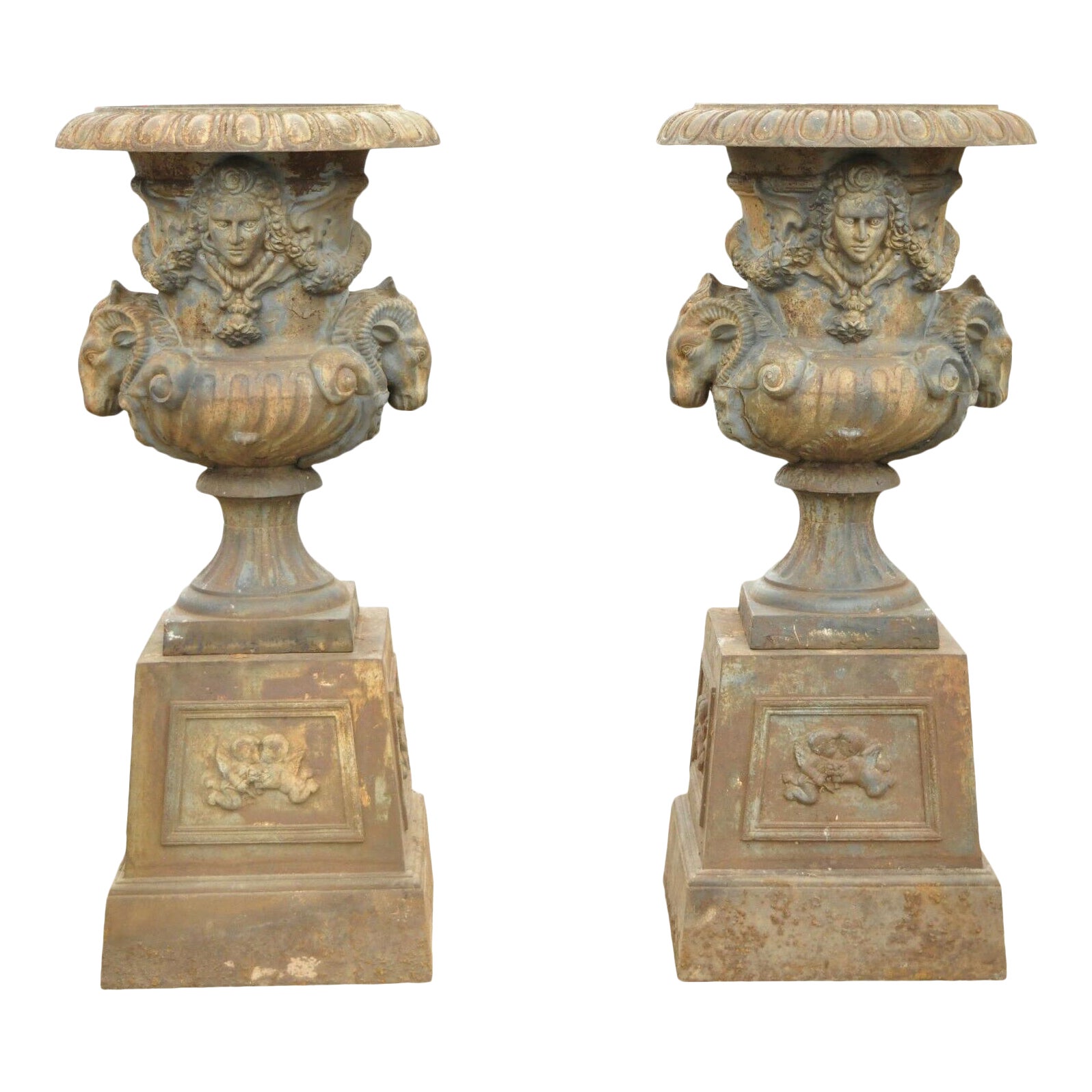 French Empire Regency Large Cast Iron Rams Head Garden Urn Planters A Pair Chairish french empire regency large cast iron rams head garden urn planters a pair