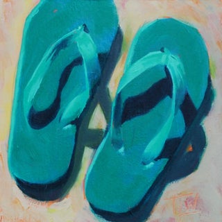 Green Flips by Tracy Wall | Oil on Wood Panel Painting of teal flip-flops For Sale