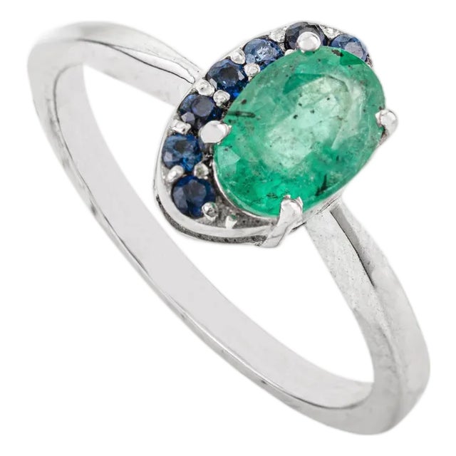 925 Silver 7x5mm Oval May Birthstone Tiny Ring With Half Surrounded Blue Sapphires by Carat&her - Size 6 For Sale