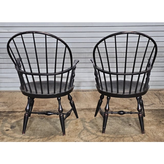 Black Pair of Warren Chair Works Sack Back Windsor Arm Chairs Bench Made Black Finish For Sale - Image 8 of 10