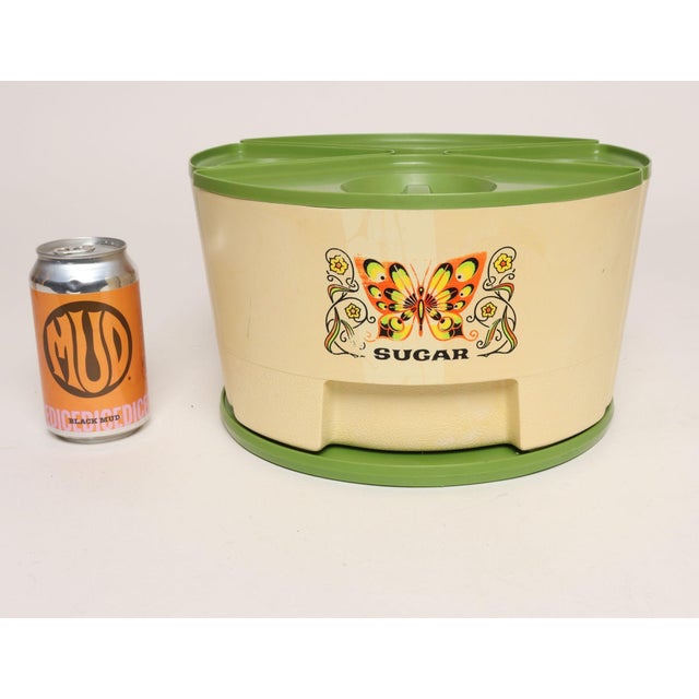 Vintage Sterilite Four Piece Canister Set With Lazy Susan Base in Cream and Green Plastic With Butterfly Motif For Sale - Image 9 of 17