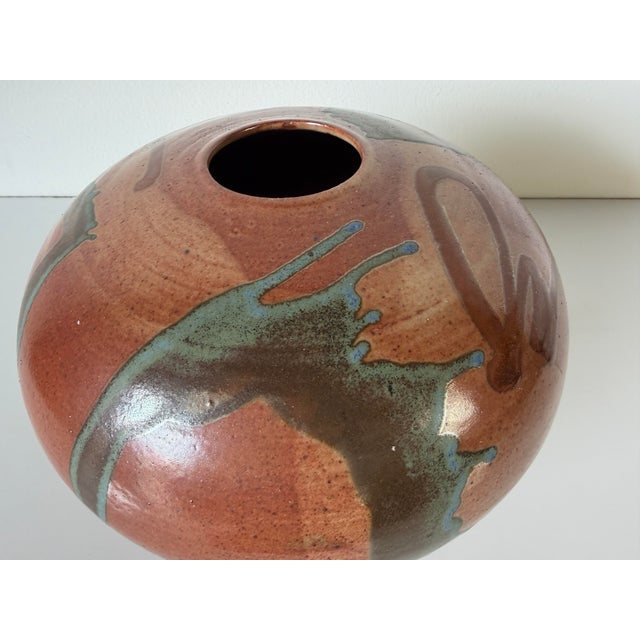 Ceramic Vintage Handmade Brown Glazed Studio Pottery Vase With Abstract Drip Design – Signed For Sale - Image 7 of 11
