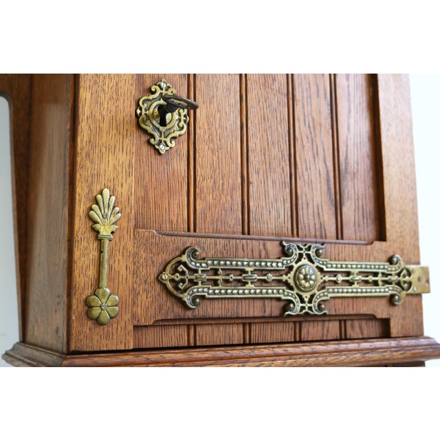 Arts & Crafts Hand-Carved Oak Wall Cabinet with Brass Details, 1900s For Sale - Image 15 of 18