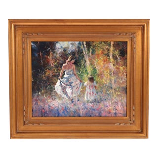 Painting of Mother and Daughter in a Colorful Landscape by Robert Hagan (Born 1947) For Sale