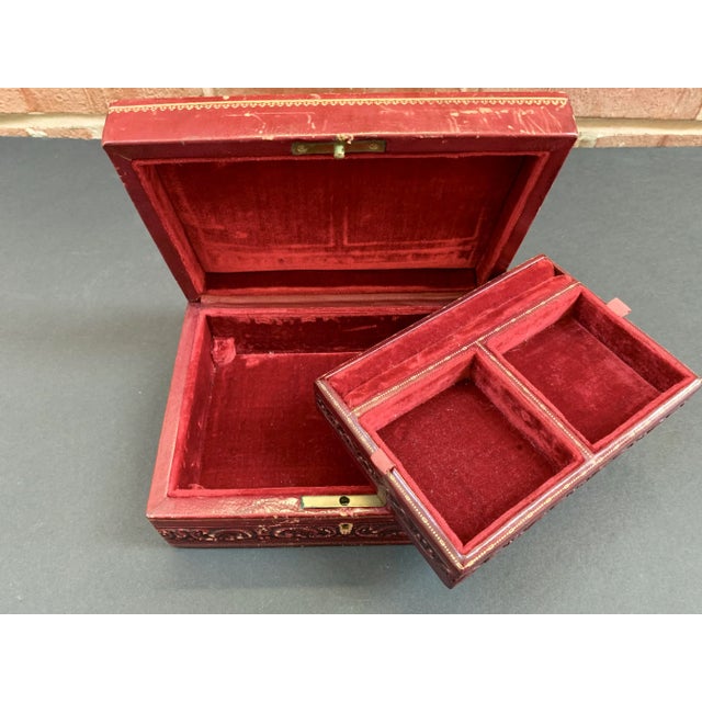 Vintage Italian Hand Tooled Red Leather Jewelry Box For Sale - Image 4 of 9