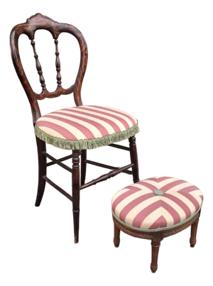 Late 19th Century Victorian Rosewood and Striped Upholstered Side Chair With Footstool Set