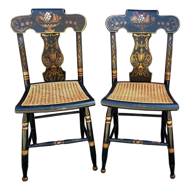 18thc Pair of Stenciled Pair of Cane Seat Chairs For Sale