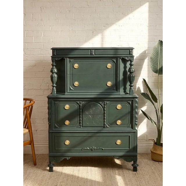 Early 20th Century Antique Hunter Green Highboy Dresser With Ornate Carved Details For Sale - Image 5 of 11