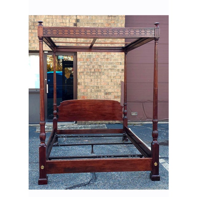 Henredon attributed Federal Style Carved Mahogany Four-Poster Queen Size Canopy Bed with beautifully crafted blind...