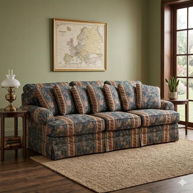 1990s Sherrill Jewel Tone Botanical Tapestry Rolled-Arm Sofa For Sale - Image 5 of 6
