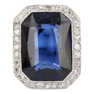 Vintage 18k White Gold Synthetic Sapphire and Natural Diamond Milgrain Ring, Size 8 For Sale